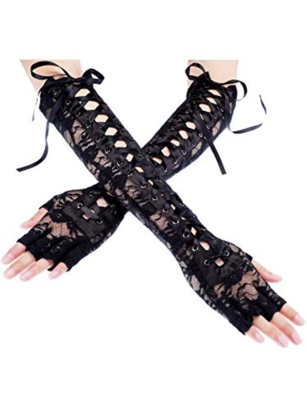 Satin Lace Up Fingerless Gloves for Women Elbow Length Bridal Arm Warmers